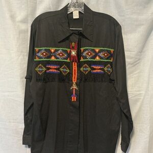 Vintage Lew Magram Black Button-up Southwest Western Beaded Dress Shirt Women 12